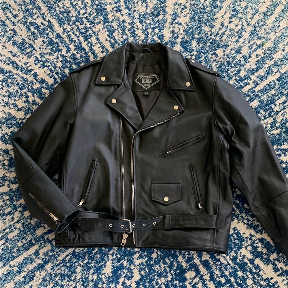 Diamond Plate  Leather Jacket Classic Biker Style